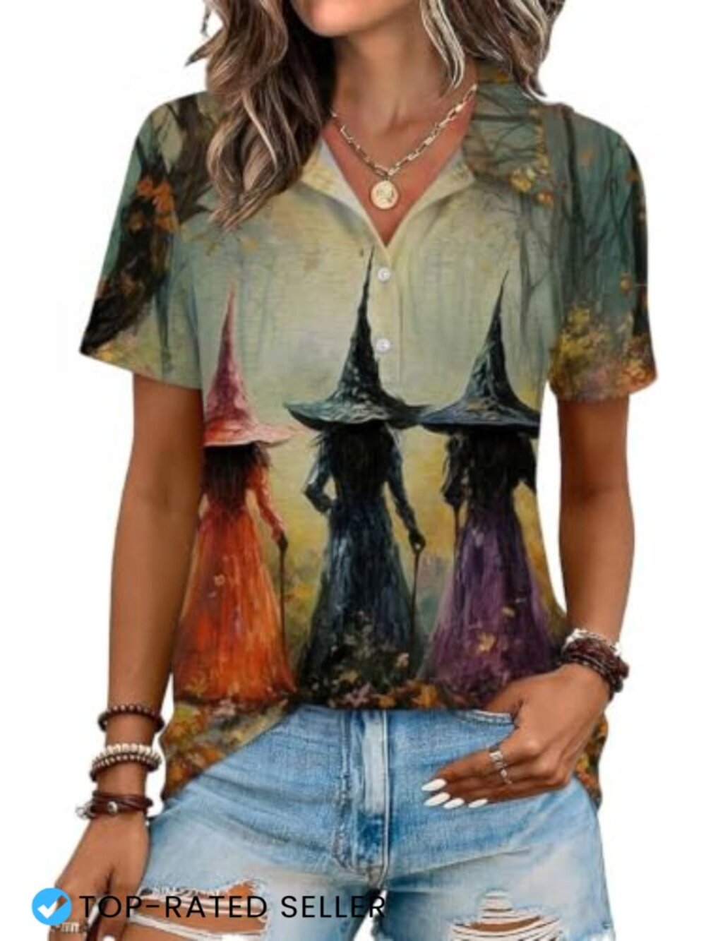 Women Halloween Henley Top V Neck Long Sleeve Cotton Blend Tee